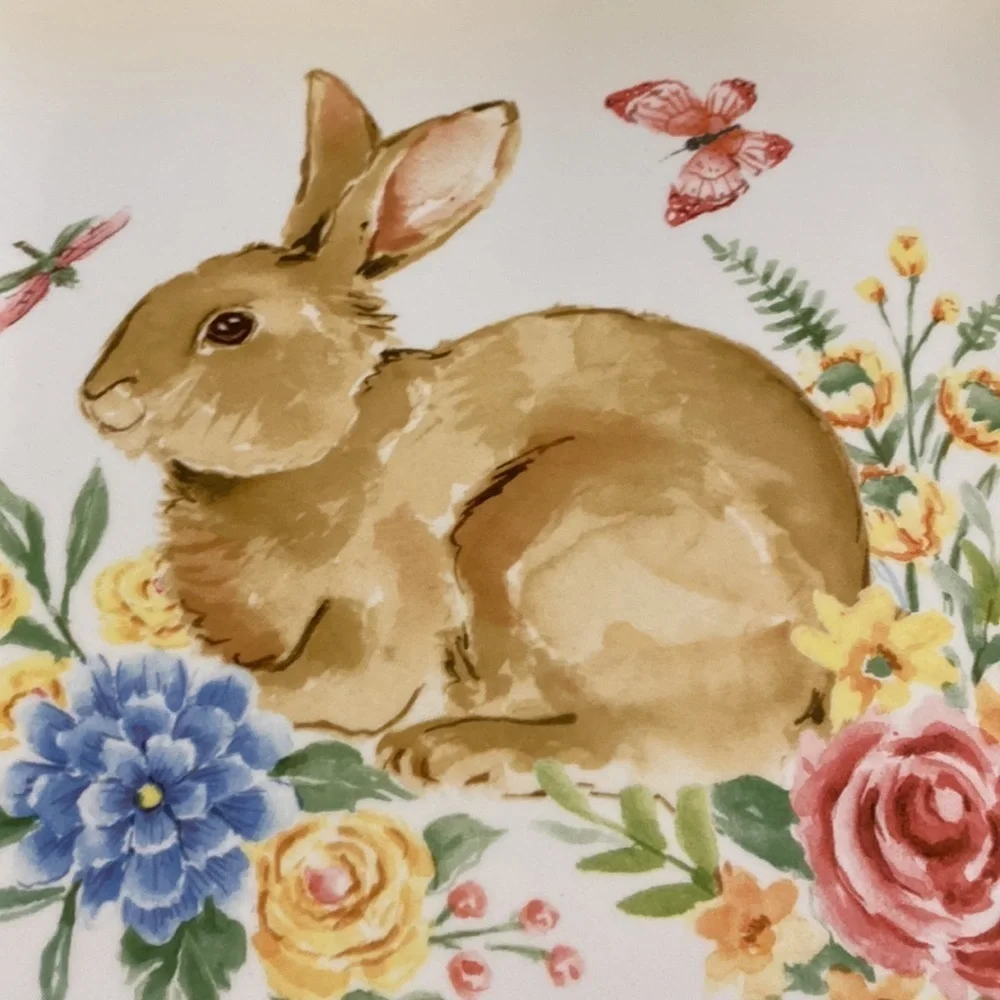 Spring Flowers & Bunny serving plates. White. Set of 2. Colorful Pastels.